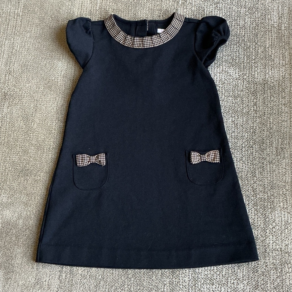 Janie & Jack Houndstooth Trim Girls Black Dress with Trim and Bows -Sz 5